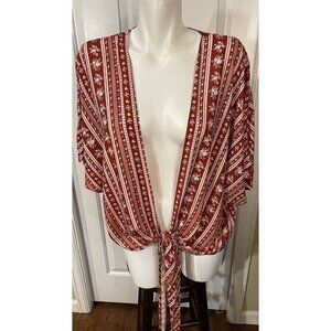 Cupshe Beach Top Cover Up Tie Front Short Sleeve Orange Ivory Floral Geo New